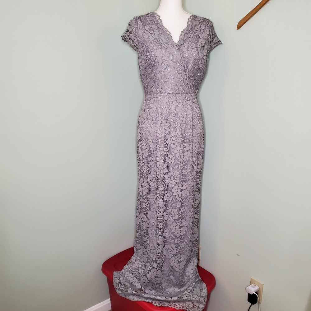 Adrianna Pappell Grey Cap Sleeve Maxi Length Dress